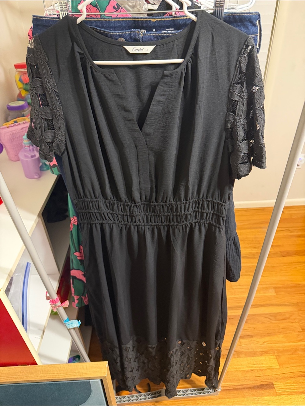 Simple Black Midi Dress with Lace Sleeve Detail